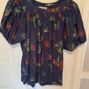 Ulla Johnson Navy Floral Puff Sleeve Blouse